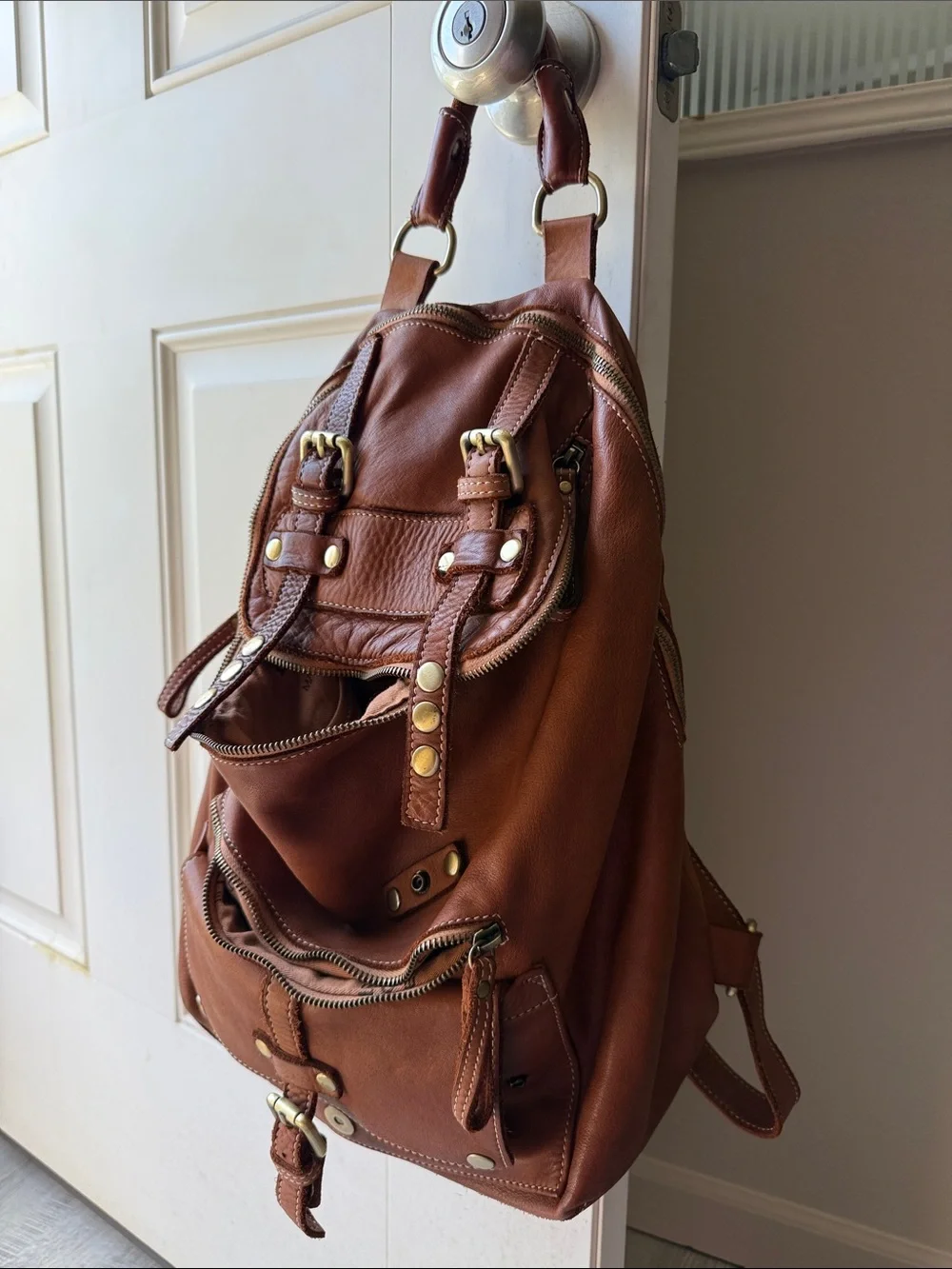 Lusher Stylish Tan Leather Backpack with Brass Accents